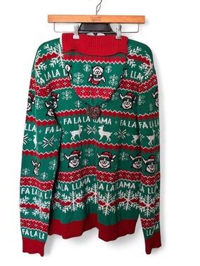 Holiday 'Fa La Llama' Green Knit Sweater with matching Hat! Unisex XL